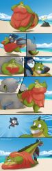 2girls akilo_(robthehoopedchipmunk) alligator alligator_girl alligator_tail amazonian ambush angry angry_expression beach belly_bigger_than_head blue_body blue_fur blue_sky bondage breasts breasts_bigger_than_head cat_ears cat_tail catgirl chubby chubby_female cloud clouds comic comic_panel day daytime digital_drawing_(artwork) digital_media_(artwork) dragged_away dragging dress feline female fight_cloud furry furry_female green_body hiding hiding_behind_rock hyper jumping kidnapped kidnapping large_breasts muscular muscular_anthro muscular_female overweight overweight_anthro overweight_female panels purple_eyes red_eyes robthehoopedchipmunk rope_bondage scalie scalie_female tail tape taped_mouth tatiana_(robthehoopedchipmunk) thighs_bigger_than_head tied_up trying_to_escape trying_to_resist yuri