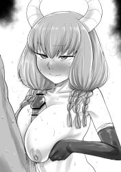 1boy absurdres aura_(sousou_no_frieren) bar_censor bare_shoulders blush breasts censored commentary_request elbow_gloves erection female gloves highres horns kaiman_garupan long_hair nipples nude paizuri penis sousou_no_frieren straight sweat