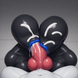 1boy 2girls ai_generated anthro bald black_skin blue_lips canine_genitalia canine_penis cum cum_on_face double_fellatio drone evelyn_hightower eyeless eyeless_female faceless_character faceless_female fellatio knot latex latex_skin pov pov_male red_penis shiny_skin side_by_side simple_background white_fur