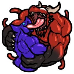 anthro belly blue_body claws demon engis_(trencalos) fusion gay goo_creature growth homosexual horn kissing male male/male male_only markings merging muscle_growth muscles muscular muscular_male red_body sequence shark shark_tail sharp_teeth slime symbiote tail tongue tongue_kiss tongue_out trencalos vein vore vore_belly
