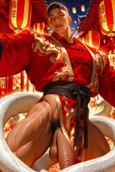 ai_generated athletic_male bara bottomless chinese_clothes dark_hair gay handsome male_only muscular_legs muscular_male naked_from_the_waist_down partially_clothed partially_clothed_male partially_nude partially_undressed smiling_at_viewer solo_male zodoai