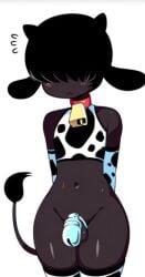 1boy 1femboy chastity_cage cow_femboy cow_horns dark-skinned_femboy femboy hair_covering_eyes male male_only moxifloxi solo solo_male unknown_character