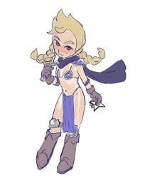 1girls armor bikini bikini_armor blonde_hair blue_eyes blush boots braid breasts brown_footwear brown_gloves cape clothing dreads female footwear genderswap_(mtf) gloves holding holding_weapon kneepads loincloth long_hair looking_at_viewer mii mii_swordfighter navel oshirimarsh pelvic_curtain rule_63 scarf shoulder_pads shuriken skimpy small_breasts smile solo standing super_smash_bros. super_smash_bros._ultimate swimsuit sword twin_braids twintails weapon