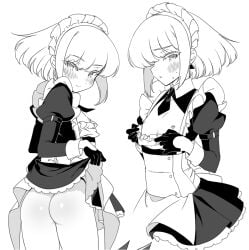 androgynous burrrntlemon clothing embarrassed femboy lifting_shirt lio_fotia maid maid_headdress nipples promare