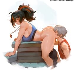 1boy 1girls 2025 2d 2d_(artwork) ai_assisted ai_generated artist_name ass breasts cleavage color cunnilingus erotic_nansensu female large_breasts light-skinned_female light_skin patreon patreon_username thick_thighs thighs watermark wide_hips wise_(zenless_zone_zero) zenless_zone_zero zhu_yuan