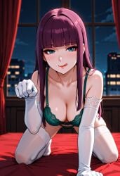 ai_generated all_fours bed bedroom blue_eyes blush castlevania castlevania:_portrait_of_ruin elbow_gloves female female_only green_bra green_panties indoors licking_lips lingerie looking_at_viewer loretta_lecarde medium_breasts night pale-skinned_female paw_pose purple_hair thighhighs tongue white_elbow_gloves white_thighhighs