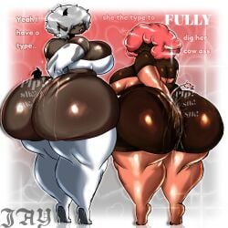 2girls anal_juice armwear big_ass big_breasts big_thighs bubble_butt butt_digging chubby_female cow_ears cow_horns cow_humanoid cow_print dark-skinned_female digging_up_in_they_ass duo female gloves grey_hair hand_in_ass heels horns jaybaeartz kacey_(jaybaeartz) lipstick milfs onomatopoeia penelope_(jaybaeartz) pink_hair plump_lips strapless_top text thigh_socks tippy_toes