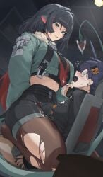 2girls @_@ absurdres anger_vein animal_ears belle_(zenless_zone_zero) black_gloves black_hair black_shirt blue_hair blush brown_pantyhose commentary cowgirl_position cropped_jacket english_commentary fingerless_gloves fur-trimmed_jacket fur_trim gloves green_eyes green_jacket hand_on_another's_chin high-waist_shorts highres jacket jane_doe_(zenless_zone_zero) long_hair long_sleeves looking_at_another mouse_ears mouse_girl mouse_tail multiple_girls necktie open_mouth pantyhose red_nails roro_(tpghksdlzpq) sharp_tail shirt short_hair shorts sitting sitting_on_lap sitting_on_person straddling tail torn_clothes torn_pantyhose two-tone_necktie upright_straddle zenless_zone_zero