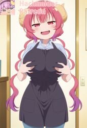 apron colored dragon_girl dragon_horns fondling_breast huge_breasts ilulu ilulu_(dragon_maid) ilulu_(maidragon) kobayashi-san_chi_no_maidragon miss_kobayashi's_dragon_maid pink_eyes pink_hair self_fondle shortstack