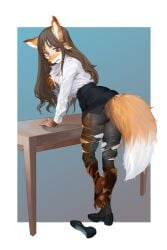 anthro ass bra breasts brown_eyes brown_hair butt_expansion canid canine claws clothing expansion female fox fox_ears fox_tail fur furniture hair hi_res human human_to_anthro leaning_on_table legwear mammal medium_breasts mid_transformation office_clothing office_lady open_mouth ora_ozen orange_body orange_eyes orange_fur panties panties_under_pantyhose pantyhose pantyhose_rip pawpads solo species_transformation table transformation underwear white_body white_fur