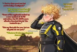 aged_up ai ai_assisted ai_generated armor battlefield blonde_hair blue_eyes boy comic comic_panel cute dialogue femboy feminine_male freckles_on_face helldivers instant_loss_2koma messy_hair oc text text_bubble