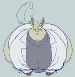 bottomless chubby clothed eeveelution female feral leafeon looking_at_viewer massive_ass morbidly_obese morbidly_obese_feral obese overweight pillowknight pokemon smile