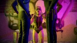 1girl2boys 3d after_fellatio after_oral after_orgasm black_canary black_canary_(injustice) cum_in_mouth cum_on_face cumshot dark-skinned_male dc dc_comics dinah_lance facial green_arrow_(series) handjob holding_penis injustice_2 netherrealm_studios on_knees police_uniform skyliner79 standing street stroking_penis threesome video_game_franchise
