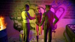1girl2boys 3d black_canary black_canary_(injustice) dc dc_comics dinah_lance green_arrow_(series) injustice_2 looking_at_viewer police_uniform skyliner79 standing street