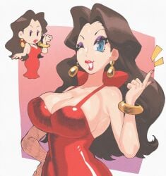 1girls bracelet breasts brown_hair bursting_breasts chibi cleavage huge_breasts inkuusan lipstick looking_at_viewer mario_(series) one_eye_closed pauline red_dress wink