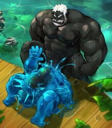 2022 3_eyes 5_fingers 5_toes abs balls beard big_dom_small_sub black_arms black_body black_chest black_feet black_fingers black_hands black_head black_legs black_nipples black_penis black_skin blue_arms blue_balls blue_body blue_chest blue_feet blue_fingers blue_hands blue_head blue_legs blue_nipples blue_penis blue_toes bodily_fluids dark-skinned_male dark_skin dominant facial_hair feet fingers friendly_unit93 genitals goo_creature hair hi_res humanoid lactating male male/male male_humanoid multi_eye muscular muscular_humanoid nipples oral oral_penetration orc orc_male pecs penetration penile penile_penetration penis penis_on_belly penis_on_face pointy_ears size_difference toes translucent translucent_body tusks white_beard white_eyes white_facial_hair white_hair