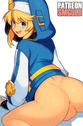 1girls absurd_res androgynous anus artist_name ass balls bottomless bridget color fingerless_gloves gloves guilty_gear guilty_gear_strive highres hoodie kneeling lighting looking_at_viewer partially_clothed presenting presenting_hindquarters smgold smile teal_eyes trans_woman transfem watermark white_background wide_hips