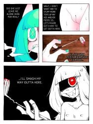 absurd_res anthro blood blue_eyes blue_fingernails blue_hair blue_nails bodily_fluids breasts cigarette colored_nails comic cross-popping_vein felid female fingernails flat_chested floor genitals girl_a golf_club hair hi_res mammal nails nude ponporio pussy red_eyes smoking smoking_cigarette solo sweat the_disappearance_of_girl_a