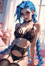 1girls ai_generated arcane bedroom black_lingerie blue_hair female female_focus female_only jinora12345 jinx_(league_of_legends) league_of_legends lingerie riot_games tattoos