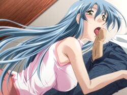 blue_eyes blue_hair blush game_cg licking long_hair penis sagara_arisa sagara_family saliva uncensored yamane_masahiro yellow_eyes zyx