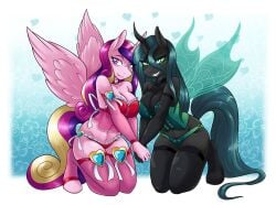 2018 5_fingers alicorn ambris anthro anthrofied armwear arthropod blue_background blush bra breasts changeling choker cleavage clothed clothing color_edit colored corset duo equid equine eyebrows eyelashes eyeshadow fangs feathered_wings feathers female female/female fingers friendship_is_magic gradient_background green_eyes grin hand_holding hasbro heart hi_res hooves horn insect_wings jewelry kneeling legwear lingerie long_hair looking_at_viewer makeup mammal mascara multicolored_hair my_little_pony mythological_creature mythological_equine mythology navel necklace panties pantyhose pink_body pink_feathers pose princess_cadance_(mlp) pupils purple_eyes queen_chrysalis_(mlp) simple_background slit_pupils smile stockings teal_hair teeth thigh_highs third-party_edit topwear underwear wings yuri