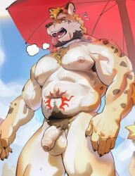 anthro areola armpit_hair balls barazoku beard biped bodily_fluids body_hair canid canine chest_hair claws digital_drawing_(artwork) digital_media_(artwork) facial_hair finger_claws flaccid foreskin fur furry genitals glans hair hi_res humanoid_genitalia humanoid_penis male male_anthro mammal muscular muscular_anthro muscular_male navel nipples open_mouth pecs penis pubes seatohao solo standing sweat teeth tongue tongue_out umbrella uncircumcised unretracted_foreskin vein veiny_muscles