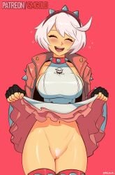 1girls absurd_res artist_name barely_visible_genitalia barely_visible_pussy big_breasts blush bracelet breasts closed_eyes collar color elphelt_valentine female_pubic_hair fingerless_gloves flustered frilled_skirt gloves guilty_gear guilty_gear_strive hairband highres jacket large_breasts lighting no_panties partially_clothed presenting_pussy pubic_hair pussy red_background sideboob skirt skirt_lift smgold smile spiked_bracelet spiked_collar spiked_hairband standing sweatdrop teal_eyes thighhighs trimmed_pubic_hair watermark white_hair