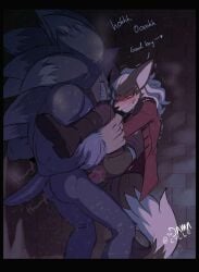 against_wall anal black_and_white_fur cum_inside drooling hedgehog heterochromia holding_legs infinite_(sonic) infinite_the_jackal jackal pants_down petplay ponytail red_jacket sharp_teeth size_difference sonic_(series) sonic_the_hedgehog_(series) sonic_the_werehog standing standing_sex toodamncycle werecanid wereeulipotyphlan white_hair yaoi