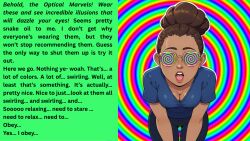 1girls ai_generated arcane breasts breasts brown_hair brown_skin caption cleavage clothed english_text female female female_focus female_only femsub glasses hypnosis hypnotic_glasses league_of_legends leaning_forward lipstick looking_at_viewer mind_control open_mouth pants shirt short_hair single_hair_bun sky_young solo solo_female solo_focus spiral spiral_eyes spiralwash_eyes standing symbol_in_eyes text