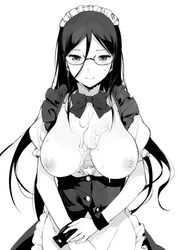 breasts chinpo_man cum cum_on_body cum_on_breasts cum_on_upper_body glasses hyouka irisu_fuyumi large_breasts long_hair maid maid_headdress monochrome nipples open_clothes smile wrist_cuffs