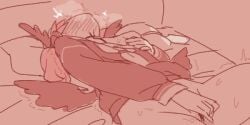 alone back_wings blue_archive blush female hand_on_pussy jerkingoff koharu_(blue_archive) lowres maibotsumou masturbation mini_wings monochrome on_back on_bed phone pussy sketch smoke smoke_from_mouth sweat sweating tegaki_draw_and_tweet