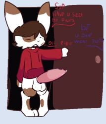 addz_(addzthefur) addzthefur anthro balls big_balls big_penis bodily_fluids bunny_ears_(disambiguation) clothed clothing dialogue digital_media_(artwork) door dripping english_text erection fur genital_fluids genitals hair hoodie huge_cock humanoid lagomorph leaking_precum leporid male male/male mammal morning_wood nude open_mouth penis pixel_(artwork) precum precum_drip rabbit saggy_balls simple_background small_but_hung solo speech_bubble text tired topwear