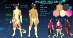 5_fingers anthro ass balls biped black_hair brown_body brown_fur clothed clothing color_swatch countershade_fur countershade_torso countershading dipstick_tail domestic_cat english_text felid feline felis fingers flaccid fur genitals glans hair humanoid_genitalia humanoid_penis male mammal markings model_sheet munkeesgomu munks_(munkeesgomu) nude penis pubes scar solo tail tail_markings text