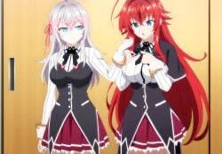 2girls ai_generated alisa_mikhailovna_kujou big_breasts blue_eyes crimson_hair_female crossed_bangs crossover crossover_ship crossover_shipping curvy_females demon_girl female_only grabbing_another's_hair hair_ribbon high_school_dxd hourglass_figured_female huge_ahoge interspecies lesbians light-skinned_female long_hair_female loose_hair lovehuwu milky_white_skin red_ribbon rias_gremory russian_girl schoolgirl_uniform schoolgirls silver_hair_female sky_blue_eyes tokidoki_bosotto_russian_de_dereru_tonari_no_alya-san very_long_hair_female voluptuous_female wide_hipped_female yuri