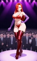 1girls ai_generated bikini female jessica_rabbit purple_gloves red_boots red_lipstick stage thick_thighs who_framed_roger_rabbit