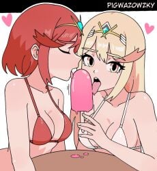 beach big_ass big_breasts big_butt big_thighs big_titties bikini breasts curvaceous curvaceous_female curvaceous_figure curvy curvy_figure curvy_hips female female_focus female_only licking_ice_pop looking_at_viewer mythra_(xenoblade) pigwazowzky pyra red_eyes red_hair short_hair xenoblade_(series) xenoblade_chronicles_2 yellow_hair