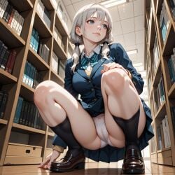 1girls ai_generated blue_eyes breasts clothed female hair_tie indoors inside knees_up library nkmr_norimaki panties pantyshot pantyshot_(squatting) pussy_visible_through_clothes pussy_visible_through_panties school_uniform schoolgirl schoolgirl_uniform shoes silver_hair skirt socks solo solo_female squatting thick_thighs thighs upskirt white_panties