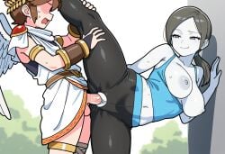 1boy 1girls against_wall ai_generated angel angel_wings breasts breasts_out brown_hair clothed clothed_sex crossover dark_grey_hair eyeless eyeless_male female grey_eyes grey_nipples kid_icarus leg_grab male pantsless_male pit_(kid_icarus) pussy shadowed_face standing_split super_smash_bros. sweat sweating vaginal_penetration white_skin wii_fit wii_fit_trainer