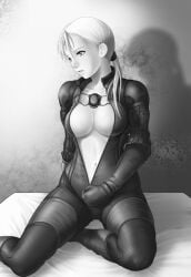 1girls artist_request bodysuit center_opening greyscale jill_valentine knees resident_evil sitting solo