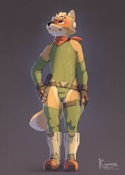 anthro blush boots bulge canid canine clothed clothing detailed_bulge footwear fox fox_mccloud fur hi_res kerchief leotard male mammal neckerchief neckwear nintendo orange_body orange_fur shoes skimpy solo star_fox unsavoryimpcat