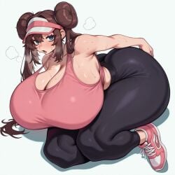 30bagsofballs :o ai_generated arched_back bare_shoulders black_leggings black_legwear blue_eyes brown_hair cleavage gigantic_ass gigantic_breasts hair_bun hair_buns heavy_breathing huge_ass huge_breasts huge_butt huge_hips hyper hyper_ass hyper_breasts hyper_hips large_ass large_breasts large_hips leaning leaning_back leggings long_eyelashes long_hair long_twintails no_background open_mouth pink_tank_top pink_topwear pokemon pokemon_bw2 rosa_(pokemon) sideways simple_background sitting sneakers steaming_body sweat sweating tank_top tied_hair twintails visor_cap white_background wide_hips