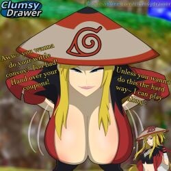 1girls alluring areola_slip artist_logo blue_eyes blurry_background breasts breeze_dancer cleavage clothed clumsydrawer dialogue english english_dialogue english_text eyeshadow female female_focus going_commando hanging_breasts headwear konohagakure_symbol large_breasts lipstick long_hair looking_at_viewer makeup massive_breasts naruto naruto_online no_bra outdoors pink_eyeshadow pink_lipstick robe self_upload smug solo solo_focus straw_hat teasing text tsurara updo url video_game_character yellow_hair