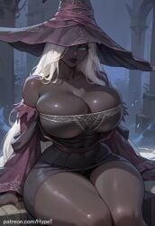 1girls ai_generated alternate_version_at_source big_breasts black_body black_lips black_skin blue_eyes breasts dark-skinned_female elden_ring elden_ring_nightreign fantasy female hat hips hypet long_hair mage recluse_(nightreign) shiny_skin sitting solo tagme thick thick_ass thick_thighs thigh_highs thighs video_game_character video_games white_hair witch_hat