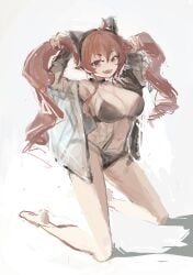 1girls alternate_hairstyle armpits arms_up barefoot big_breasts black_bra black_panties bra breasts bunching_hair busty cleavage eris_greyrat feet female female_only kneeling large_breasts long_hair mushoku_tensei navel oerba_yun_fang open_clothes open_mouth panties playing_with_hair playing_with_own_hair pose posing red_eyes red_hair smile solo teeth tongue twintails voluptuous