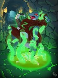 2024 absurd_res clothing dep detailed_background digital_media_(artwork) female genitals glowing hi_res huge_filesize humanoid inside kisik_(jibriil) kobold magic open_mouth penetration pussy questionable_consent red_sclera restrained robe scalie solo spread_legs spreading tail tentacle tentacle_in_pussy tentacle_penetration vaginal_penetration vaginal_penetration