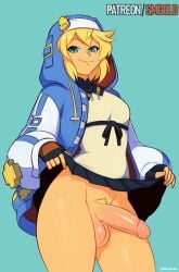 1girls absurd_res androgynous artist_name balls big_penis bottomless bridget color erection female_pubic_hair fingerless_gloves gloves green_scales guilty_gear guilty_gear_strive highres hoodie large_penis lighting looking_at_viewer mischievous_smile partially_clothed penis presenting presenting_penis pubic_hair skirt skirt_lift smgold smile standing teal_eyes trans_woman transfem trimmed_pubic_hair watermark