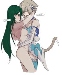 1femboy animal_ears arms_around_another's_waist arms_around_neck blush bow breasts cat_boy cat_ears cat_tail clothed_male_nude_female crusch_karsten detached_sleeves felix_argyle femboy functionally_nude green_hair hair_bow japanese_text long_hair medium_breasts meomeo0303 nude penis re:zero_kara_hajimeru_isekai_seikatsu sex sideboob simple_background speech_bubble standing standing_missionary standing_sex tail white_background yellow_eyes
