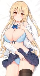 1girls :o bed bed_sheet black_thighhighs blonde_hair blue_bow blue_bowtie blue_bra blue_panties blue_skirt blush bow bow_bra bowtie bra breasts comiket_104 commentary_request crossed_bangs dakimakura_(medium) dress_shirt from_above hair_between_eyes hand_on_own_chest highres large_breasts long_hair long_sleeves looking_at_viewer navel off_shoulder one_side_up open_clothes open_skirt original panties parted_lips pleated_skirt school_uniform shirt skirt solo sune_(mugendai) thighhighs underwear very_long_hair white_shirt yellow_eyes