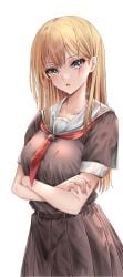 1girls arms_under_breasts belt blonde_hair blue_eyes blush breasts collarbone commentary_request crossed_arms female highres large_breasts long_hair looking_at_viewer original school_uniform short_sleeves simple_background solo tibi-gon upper_body white_background