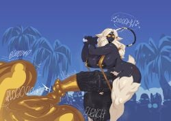 animal_genitalia animal_penis anthro areola ass background_character big_breasts big_penis biped black_body bodily_fluids bovid breasts caprine clothing condom equine_genitalia equine_penis filled_condom genitals golden_week gynomorph hair hi_res holding_tennis_racket huge_cock hyper hyper_genitalia hyper_penis intersex mammal nanokindred nipple_piercing nipples one-piece_swimsuit penis piercing pubes public reddened_butt reinette sexual_barrier_device sheep sling_bikini solo_focus standing sweat swimwear tennis_racket text thick_thighs vein veiny_penis wearing_condom white_hair